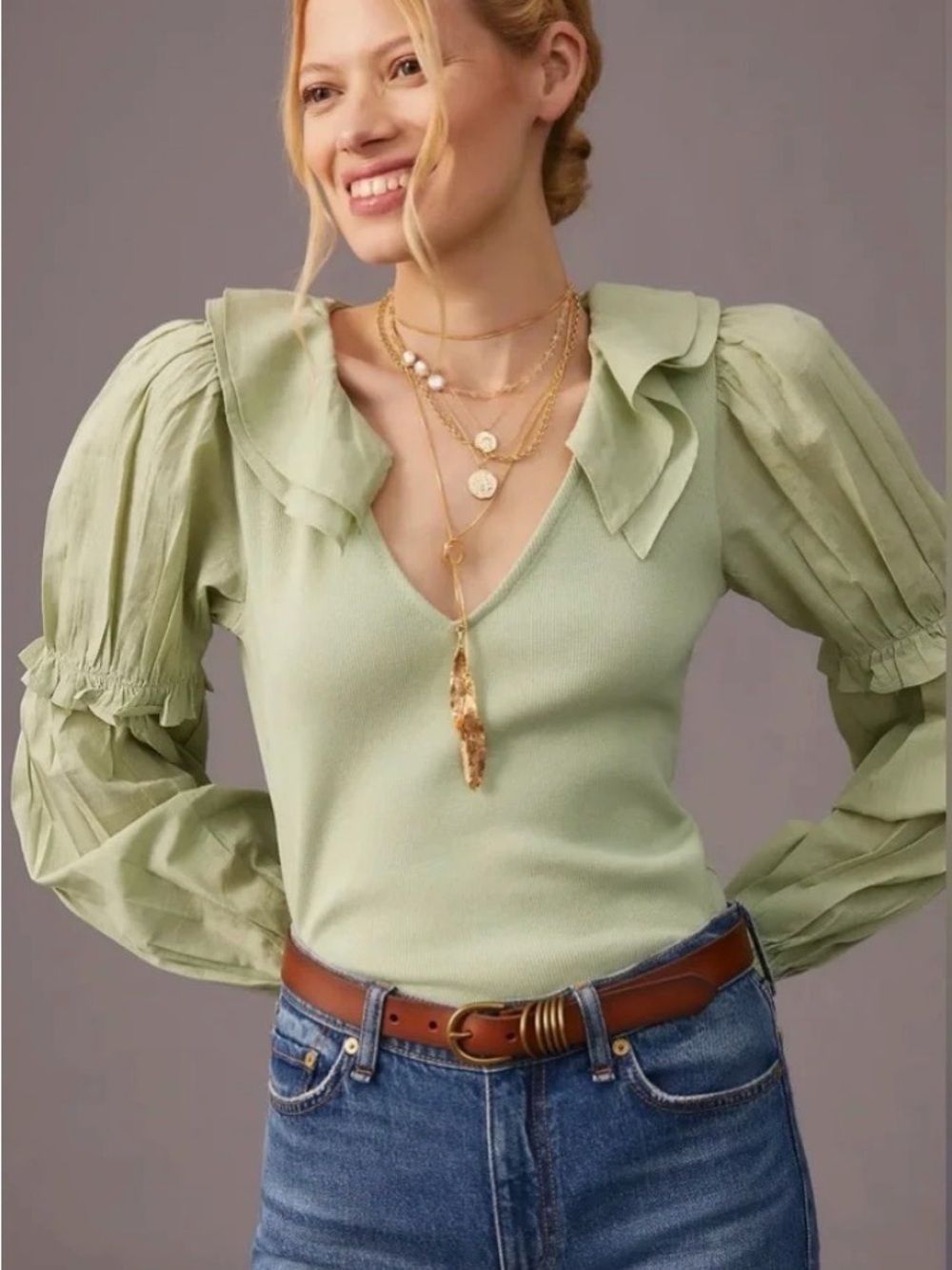 Anthropologie Sage Green Ribbed Top Ruffle Collar Puff Sleeve Small